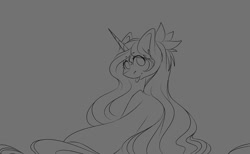 Size: 1080x667 | Tagged: safe, artist:tessa_key_, oc, oc only, pony, unicorn, :p, ear fluff, eyelashes, flower, flower in hair, gray background, horn, lineart, looking back, monochrome, simple background, smiling, solo, tongue out, unicorn oc