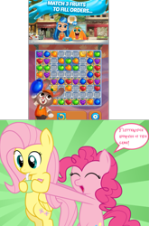 Size: 1117x1688 | Tagged: safe, fluttershy, pinkie pie, earth pony, pegasus, pony, g4, apple, approved, banana, blueberry, carrot, drink, drinking, flutterjuice, food, fruit, game, grapes, green apple, holding a pony, juice, juice box, juice jam, mobile game, reaction image, sipping, smiling, speech bubble, straw, strawberry, vegetables