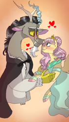Size: 720x1280 | Tagged: safe, artist:cocolove2176, discord, fluttershy, draconequus, pegasus, pony, g4, blushing, clothes, colored hooves, dress, female, heart, looking at each other, male, mare, ship:discoshy, shipping, smiling, straight, wings