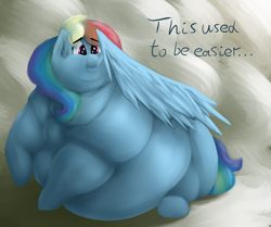 Size: 1923x1606 | Tagged: safe, artist:lupin quill, rainbow dash, pegasus, pony, g4, alternate hairstyle, belly, big belly, bingo wings, butt, chubby cheeks, double chin, fat, fat fetish, female, fetish, grooming, lineless, mare, morbidly obese, multichin, obese, plot, preening, rainblob dash, sitting, solo, weight gain