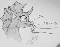 Size: 1280x1009 | Tagged: safe, artist:ravvij, oc, oc only, oc:skitter, changeling, pony, boop, bust, cute, fangs, female, fin, finger, hand, horn, licking, mare, mlem, silly, sketch, solo, tongue out