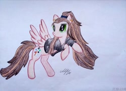 Size: 1024x741 | Tagged: safe, artist:maryhoovesfield, oc, oc only, pegasus, pony, clothes, ear fluff, ear piercing, earring, eyelashes, jacket, jewelry, looking back, pegasus oc, piercing, rearing, signature, smiling, solo, traditional art, wings