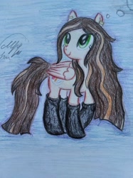 Size: 766x1024 | Tagged: safe, artist:maryhoovesfield, oc, oc only, pegasus, pony, clothes, eyelashes, looking back, pegasus oc, signature, smiling, socks, solo, traditional art, wings