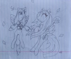 Size: 1024x855 | Tagged: safe, artist:maryhoovesfield, oc, oc only, pegasus, pony, duo, eyelashes, eyes closed, flying, lineart, pegasus oc, signature, smiling, traditional art, wings