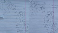 Size: 1024x576 | Tagged: safe, artist:maryhoovesfield, oc, oc only, pegasus, pony, comic, confused, exclamation point, eyelashes, frown, interrobang, lineart, lined paper, looking up, pegasus oc, question mark, signature, sitting, talking, traditional art, wings