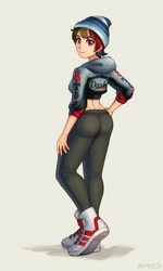 Size: 900x1500 | Tagged: safe, artist:asimos, rainbow dash, human, g4, ass, butt, clothes, cream background, formula 1, hat, hoodie, humanized, looking at you, looking back, looking back at you, midriff, rainbutt dash, simple background, solo