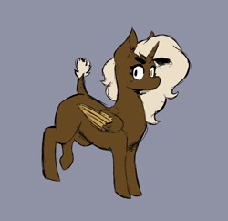 Size: 2048x1980 | Tagged: safe, artist:somefrigginnerd, oc, oc only, oc:pencil test, alicorn, pony, alicorn oc, april fools, april fools 2021, edgy, eye scar, female, freckles, gray background, horn, raised hoof, redesign, scar, simple background, solo, wings