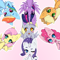 Size: 500x500 | Tagged: safe, artist:suqarskvll, applejack, derpy hooves, fluttershy, pinkie pie, rainbow dash, rarity, twilight sparkle, alicorn, earth pony, pegasus, pony, unicorn, g4, blushing, cute, dashabetes, derpabetes, diapinkes, female, hooves on cheeks, jackabetes, looking at you, mane six, mare, one eye closed, open mouth, pink background, raribetes, shyabetes, simple background, smiling, tongue out, twiabetes, twilight sparkle (alicorn), weapons-grade cute, wings
