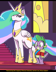 Size: 1524x1968 | Tagged: safe, artist:droll3, princess celestia, spike, alicorn, dragon, pony, g4, clothes, collar, crown, cute, cutelestia, cutie mark, digital art, duo, female, hooves, horn, jewelry, male, mare, momlestia, mother and child, mother and son, prince spike, regalia, spikabetes, stairs, tail, wings