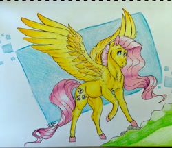 Size: 3459x2994 | Tagged: safe, artist:artnstuff101, fluttershy, pegasus, pony, g4, colored hooves, female, high res, mare, solo, spread wings, traditional art, watercolor painting, wings
