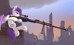 Size: 4500x2744 | Tagged: safe, artist:770418gyygy, oc, oc only, oc:sunset cloudy, bat pony, pony, fallout equestria, aiming, anti-materiel rifle, anti-tank rifle, bag, bat pony oc, female, gun, human shoulders, mathematics in the comments, rifle, ruins, sniper rifle, solo, soviet union, weapon