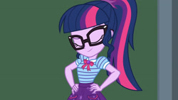 Size: 3410x1920 | Tagged: safe, screencap, sci-twi, twilight sparkle, equestria girls, equestria girls specials, g4, my little pony equestria girls: better together, my little pony equestria girls: holidays unwrapped, the cider louse fools, bowtie, chalkboard, clothes, cutie mark, cutie mark on clothes, eyebrows, eyes closed, female, geode of telekinesis, glasses, hand on hip, jewelry, magical geodes, pendant, polo shirt, ponytail, pose, raised eyebrow, smiling, solo