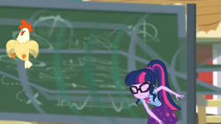 Size: 3410x1920 | Tagged: safe, screencap, sci-twi, twilight sparkle, bird, chicken, equestria girls, equestria girls specials, g4, my little pony equestria girls: better together, my little pony equestria girls: holidays unwrapped, the cider louse fools, bowtie, chalkboard, clothes, cutie mark, cutie mark on clothes, eyes closed, female, geode of telekinesis, glasses, jewelry, magical geodes, necklace, ponytail, smiling, solo focus, sweet apple acres