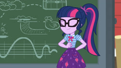 Size: 3410x1920 | Tagged: safe, screencap, sci-twi, twilight sparkle, human, equestria girls, equestria girls specials, g4, my little pony equestria girls: better together, my little pony equestria girls: holidays unwrapped, the cider louse fools, bowtie, chalkboard, clothes, cutie mark, cutie mark on clothes, eyebrows, eyes closed, female, geode of telekinesis, glasses, hand in pocket, jewelry, magical geodes, pendant, polo shirt, ponytail, raised eyebrow, skirt, smiling, solo, sweet apple acres