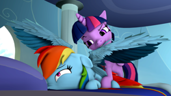 Size: 3840x2160 | Tagged: safe, artist:mr.tektite, rainbow dash, twilight sparkle, alicorn, pegasus, pony, g4, 3d, assisted preening, dreamworks face, feather, female, grooming, high res, lesbian, preening, ship:twidash, shipping, source filmmaker, twilight sparkle (alicorn)