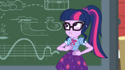 Size: 3410x1920 | Tagged: safe, screencap, sci-twi, twilight sparkle, equestria girls, equestria girls specials, g4, my little pony equestria girls: better together, my little pony equestria girls: holidays unwrapped, the cider louse fools, bowtie, chalkboard, clothes, cutie mark, cutie mark on clothes, female, geode of telekinesis, glasses, jewelry, lip bite, magical geodes, necklace, ponytail, sci-twi skirt, solo, sweet apple acres