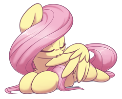 Size: 1349x1098 | Tagged: safe, artist:acersiii, fluttershy, pegasus, pony, g4, behaving like a bird, chest fluff, cute, eyes closed, female, flutterbird, grooming, lying down, mare, preening, prone, shyabetes, simple background, solo, transparent background