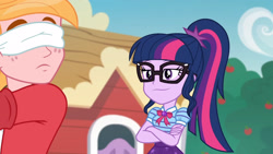 Size: 3410x1920 | Tagged: safe, screencap, big macintosh, sci-twi, twilight sparkle, equestria girls, equestria girls series, g4, holidays unwrapped, the cider louse fools, spoiler:eqg series (season 2), blindfold, bowtie, clothes, crossed arms, cutie mark, cutie mark on clothes, duo, female, geode of telekinesis, glasses, jewelry, magical geodes, male, necklace, ponytail, smiling, smuglight sparkle, sweet apple acres
