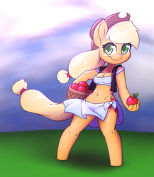Size: 3333x3846 | Tagged: safe, artist:afkregen, applejack, earth pony, anthro, unguligrade anthro, g4, apple, basket, belly button, breasts, busty applejack, clothes, cowboy hat, cutie mark, digital art, female, food, hat, high res, jacket, looking at you, solo, tail, tank top, thighs, wide hips