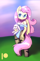 Size: 3000x4547 | Tagged: safe, artist:afkregen, angel bunny, fluttershy, earth pony, rabbit, anthro, unguligrade anthro, g4, animal, breasts, busty fluttershy, clothes, digital art, female, looking at you, stockings, tail, thigh highs, thighs, wide hips, wings