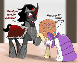 Size: 1950x1585 | Tagged: safe, artist:chopsticks, king sombra, oc, oc:paper bag, earth pony, pony, unicorn, g4, blushing, bowtie, cape, chest fluff, clothes, curved horn, cute, dialogue, dress, fangs, female, flower, flower in hair, holding hooves, horn, male, mare, ocbetes, oh dear, raised hoof, shivering, stallion, sticky note, stuttering, sweat, sweating profusely, text, unshorn fetlocks