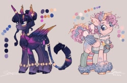 Size: 3221x2112 | Tagged: safe, artist:sannateacupss, pinkie pie, twilight sparkle, alicorn, pegasus, pony, g4, alternate design, bracelet, candy, cheek fluff, clothes, coat markings, color palette, colored wings, ear piercing, ear tufts, earring, feathered fetlocks, female, food, gradient wings, high res, horn, horn ring, jewelry, leg warmers, leonine tail, mare, necklace, pegasus pinkie pie, piercing, race swap, redesign, ring, simple background, tail, tail feathers, twilight sparkle (alicorn), two toned wings, unshorn fetlocks, wings