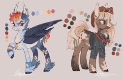 Size: 3221x2112 | Tagged: safe, artist:sannateacupss, applejack, rainbow dash, earth pony, pegasus, pony, g4, alternate design, ascot, cheek fluff, chest fluff, clothes, cloven hooves, coat markings, color palette, cowboy hat, duo, ear piercing, earring, feathered fetlocks, female, hat, high res, jewelry, mare, necklace, piercing, raised hoof, redesign, shirt, short mane, simple background