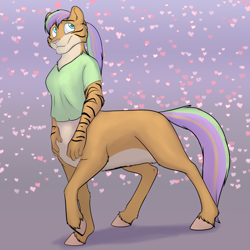 Size: 1000x1000 | Tagged: safe, artist:foxenawolf, oc, oc only, oc:tiger lily (doove), big cat, chakat, hybrid, original species, tiger, taur, fanfic:foreign affairs, barely pony related, breasts, fanfic art, furry, hooves, interspecies offspring, multicolored hair, multicolored tail, offspring, parent:oc:chakat tigerbright, parent:oc:violet woods, parents:oc x oc, smiling