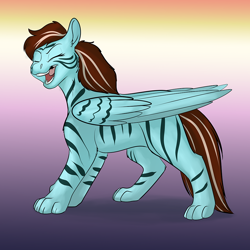 Size: 1000x1000 | Tagged: safe, artist:foxenawolf, oc, oc only, big cat, hybrid, pegasus, pony, tiger, fanfic:foreign affairs, brown hair, eyes closed, fanfic art, green fur, interspecies offspring, offspring, open mouth, parent:oc:chakat tigerbright, parent:oc:violet woods, parents:oc x oc, solo, wings