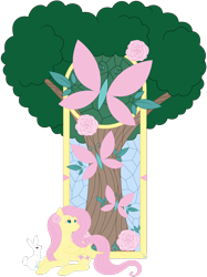 Size: 2116x2835 | Tagged: safe, artist:beadedwolf22, angel bunny, fluttershy, butterfly, pegasus, pony, rabbit, g4, animal, duo, female, flower, high res, lying down, male, mare, prone, simple background, stained glass, transparent background, tree