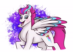 Size: 2733x1956 | Tagged: safe, artist:bella-pink-savage, zipp storm, pegasus, pony, g5, abstract background, blushing, colored wings, female, looking at you, mare, multicolored wings, open mouth, raised hoof, solo, spread wings, wings