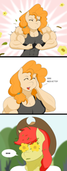 Size: 1884x4828 | Tagged: safe, artist:matchstickman, bright mac, pear butter, earth pony, anthro, g4, the perfect pear, ..., abs, biceps, breasts, busty pear butter, buttercup, clothes, comic, deltoids, dialogue, duo, female, flexing, male, mare, matchstickman's pear buffer series, muscles, muscular female, pear buffer, ship:brightbutter, speech, stallion, straight, talking
