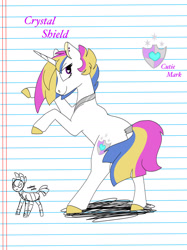 Size: 1280x1707 | Tagged: safe, artist:doodletheexpoodle, oc, oc only, oc:crystal shield, pony, unicorn, butt, female, lined paper, looking back, mare, offspring, parent:princess cadance, parent:shining armor, parents:shiningcadance, plot, rearing, solo