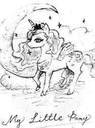 Size: 686x917 | Tagged: safe, princess luna, alicorn, pony, g4, black and white, draft, female, grayscale, monochrome, solo