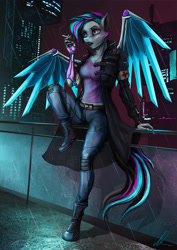 Size: 3182x4500 | Tagged: safe, artist:vitaj, oc, oc only, oc:keyphrase, cyborg, pegasus, anthro, plantigrade anthro, amputee, armband, artificial wings, augmented, cigarette, cigarette smoke, city, cityscape, clothes, coat, commission, cyberpunk, female, futuristic, glass, high res, leaning, lipstick, medic, multicolored mane, multicolored tail, nail polish, neon, night, prosthetic limb, prosthetic wing, prosthetics, purple eyes, railing, rain, red cross, science fiction, sitting, skyline, skyscraper, smoking, solo, walkway, wings