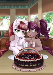Size: 3508x4961 | Tagged: safe, artist:lifejoyart, oc, oc only, oc:argent nebula, oc:mocha star, earth pony, pony, absurd resolution, bendy straw, blinds, cake, cup, drinking straw, duo, duo female, earth pony oc, eye clipping through hair, eyebrows, eyebrows visible through hair, female, food, frosting, ice cubes, looking at you, mare, open mouth, open smile, plate, rainbow, siblings, sisters, smiling, smiling at you, straw, table