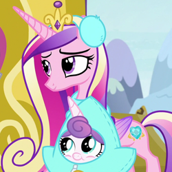 Size: 1090x1089 | Tagged: safe, screencap, princess cadance, princess flurry heart, alicorn, pony, best gift ever, g4, clothes, cropped, duo, earmuffs, female, like mother like daughter, like parent like child, mare, mother and child, mother and daughter, star flurry heart, winter outfit