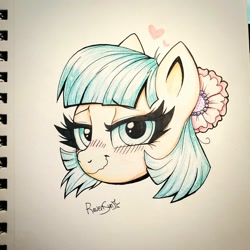 Size: 1024x1024 | Tagged: safe, artist:confetticakez, coco pommel, earth pony, pony, g4, blushing, bust, flower, flower in hair, hair, hair accessory, heart, lidded eyes, looking at you, portrait, smiling, solo, traditional art, wavy mouth