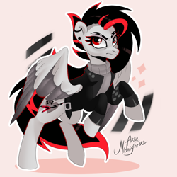 Size: 1000x1000 | Tagged: oc name needed, safe, artist:ariamidnighters, oc, oc only, pegasus, pony, clothes, ear piercing, earring, eyebrows, jacket, jewelry, piercing, rearing, red and black mane, solo, sweater, turtleneck, two toned wings, wings