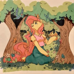 Size: 2048x2048 | Tagged: safe, artist:ariamidnighters, fluttershy, bird, butterfly, semi-anthro, g4, arm hooves, clothes, cute, female, high res, mare, shyabetes, solo, traditional art, tree