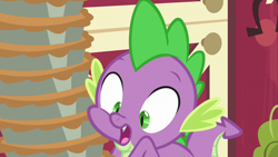 Size: 1000x563 | Tagged: safe, screencap, spike, dragon, applejack's "day" off, g4, carrying, food, open mouth, pie, solo
