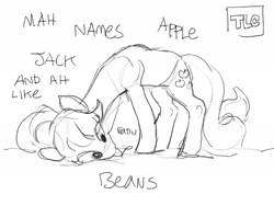 Size: 2048x1536 | Tagged: safe, artist:dimfann, applejack, earth pony, pony, g4, beans, dialogue, dishonorapple, food, funetik aksent, grazing, herbivore, horses doing horse things, silly, silly pony, sketch, solo, wat, who's a silly pony