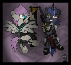 Size: 1380x1261 | Tagged: safe, artist:devorierdeos, oc, oc only, oc:heavy rain, oc:ksu, pegasus, pony, unicorn, fallout equestria, armor, armored pony, bed, duo, enclave, female, grand pegasus enclave, gun, hug, institute rifle, laser rifle, lying down, lying on bed, mare, on bed, pillow