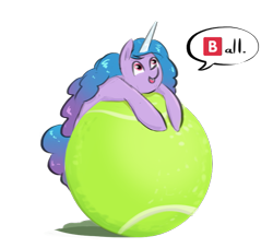 Size: 793x721 | Tagged: safe, artist:testostepone, izzy moonbow, pony, unicorn, g5, ball, colored, cute, female, izzy's tennis ball, izzybetes, mare, simple background, solo, tennis ball, text, that pony sure does love tennis balls, tiny, tiny ponies, transparent background, 🅱
