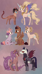 Size: 1081x1920 | Tagged: safe, artist:jademoona, alicorn, cat, cat pony, earth pony, original species, pegasus, pony, unicorn, abstract background, adora, armor, arrow, bow (she-ra), catra, colored wings, entrapta, floating wings, glimmer (she-ra), hordak, jewelry, looking at each other, multicolored wings, ponified, quiver, rainbow wings, regalia, she-ra, she-ra and the princesses of power, wings