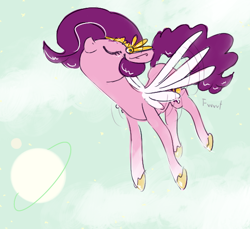 Size: 576x528 | Tagged: safe, artist:archego-art, pipp petals, pegasus, pony, g5, adorapipp, cloud, cute, eyes closed, female, flying, mare, planet, skinny pipp, smiling, solo, spread wings, unshorn fetlocks, wings