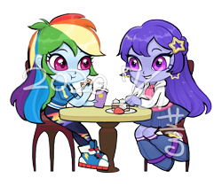 Size: 2951x2480 | Tagged: oc name needed, safe, artist:tingyo, rainbow dash, oc, equestria girls, g4, cake slice, canon x oc, chair, cookie, drink, eating, female, food, high res, obtrusive watermark, simple background, strawberry, table, transparent background, watermark