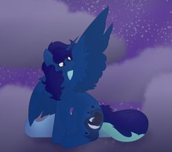 Size: 4248x3752 | Tagged: safe, artist:calibykitty, oc, oc only, oc:midnight, oc:midnight specter, alicorn, pony, april fools, cloud, colored wings, female, grooming, mare, multicolored hair, multicolored wings, preening, raised hoof, shading, simple background, sitting, sky, sky background, solo, starry night, wings
