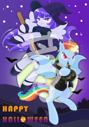 Size: 2480x3508 | Tagged: oc name needed, safe, artist:tingyo, rainbow dash, oc, bat, bat pony, pegasus, pony, vampire bat pony, g4, bat ponified, broom, clothes, colored pupils, costume, crossed hooves, ear piercing, earring, fangs, flying, flying broomstick, halloween, halloween costume, happy halloween, hat, high res, jacket, jewelry, moon, night, obtrusive watermark, piercing, race swap, rainbowbat, red eyes, short mane, smiling, vampire costume, watermark, witch costume, witch hat