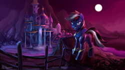 Size: 3840x2160 | Tagged: oc name needed, safe, artist:jedayskayvoker, oc, oc only, oc:cobalt_de, pegasus, pony, canterlot, canterlot castle, clothes, costume, grin, high res, latex, latex suit, looking at you, night, scenery, shadowbolts, shadowbolts costume, signature, smiling